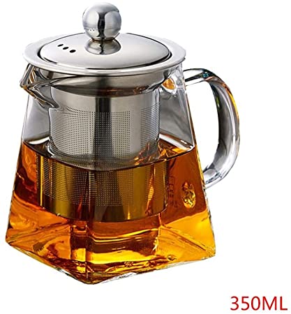 350ML/11.8OZ Square Glass Teapot for One with Heat Resistant Stainless Steel Infuser Perfect for Tea and Coffee, Clear Leaf Teapot with Strainer Lid gift for your family or friends (350ML)
