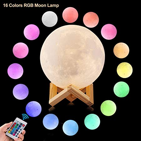 CPLA 3D Moon Lamp LED Night Light Lunar Lamp, Dimmable Remote Control 16 Colors RGB Touch Control Adjustable Brightness Rechargeable Moon light with Wooden Base for Home Decorative 5.9 inch 15CM