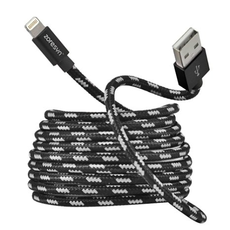Zoresyn Apple Certified Lightning to USB Long Cable With Nylon Braided Charging Cord And Aluminum Connector For iPhone iPad iPod -2m/6.6ft （Black with White）