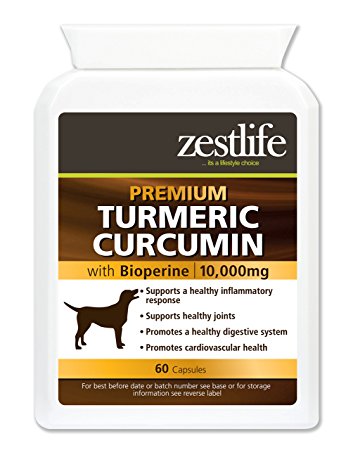 Zestlife Turmeric for Dogs 500mg extract equivalent to 10,000mg. Anti-inflammatory supplement for joint and hips. 60 Capsules