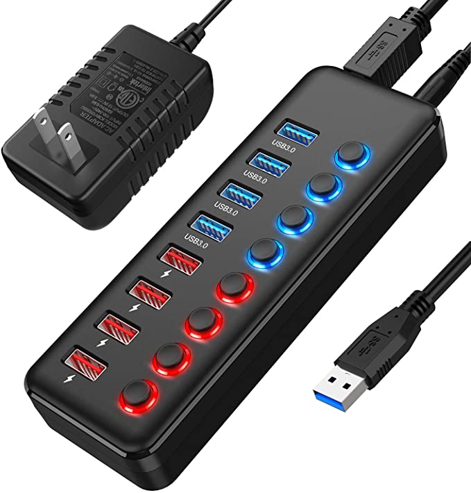 Powered USB Hub 3.0,ABLEWE 8-Ports USB Date Hub (4 USB 3.0 Ports  4 Smart Charging Port), USB Charging Hub with Individual On/Off Switches,12V/3A 36W Power Adapter USB 3.0 Hub Splitter Supports Laptop, PC, HDD, Flash Drive and More