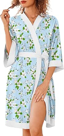 Ekouaer Robes for Women Knee Length Bathrobe Lightweight Kimono Robe 3/4 Sleeve Knit Sleepwear with Pockets S-XXL