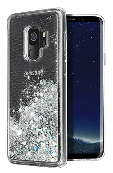 Galaxy S9 Case,WORLDMOM Double Layer Design Bling Flowing Liquid Floating Sparkle Colorful Glitter Waterfall TPU Protective Phone Case for Samsung Galaxy S9, Silver