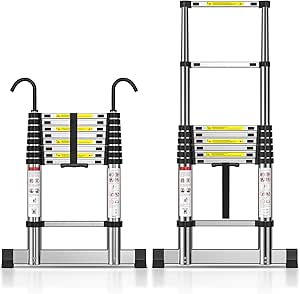 TECKNET Telescopic Ladder 2.6M/8.5FT, Max Load 150kg/330lbs, Aluminium Extension Ladder with Stabilizer Bar & Detachable Hooks, Multi-Purpose Ladder for Home & Outdoor Work Loft Roof Attic RV, EN131