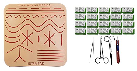 Your Design Medical Extra Large (8x8") 3-Layer Silicone Suture Pad w/ Wounds Suturing Practice Kit -- Includes pad, driver, pickups, scissors, blade, 20x Nylon 4-0s & educational material