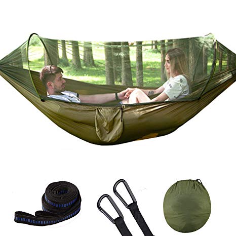 umsky Hammock，Camping Hammock，Double Backpacking Sleeping Hammocks with Mosquito Net & Tree Straps - Lightweight Nylon Portable Hammock（Parachute Cloth）- Suitable for Camping, Travel, Courtyard