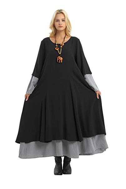 Anysize Double-Layer Linen&Cotton Dress Spring Fall Winter Plus Size Dress F5A