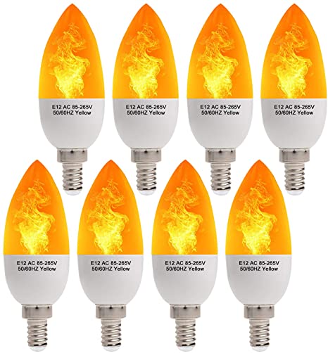 OMAYKEY E12 Flickering Emulation Effect Bulb LED Candelabra Bulbs, 2W 1800K Warm White Simulated Fire Flicker Flame LED Chandelier Bulbs, 3 Modes Candle Torpedo Tip for Home Party Decoration, 8 Pack