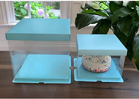 Clear Cake Box carrier Packing - Cake Boxes - Transparent Gift Box with lid (2 Box Pack) (10.3x 10.3x 9.8, Blue)