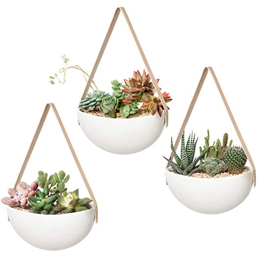 Mkono Ceramic Hanging Planter Modern Wall Flower Pot for Succulent Herb Air Plant Live or Faux Plants Home Decor, Set of 3