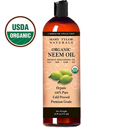 USDA Certified Organic Neem Oil 16 oz by Mary Tylor Naturals, Premium Grade, Cold Pressed, 100% Pure, Great for Hair, Skin and DIY Projects