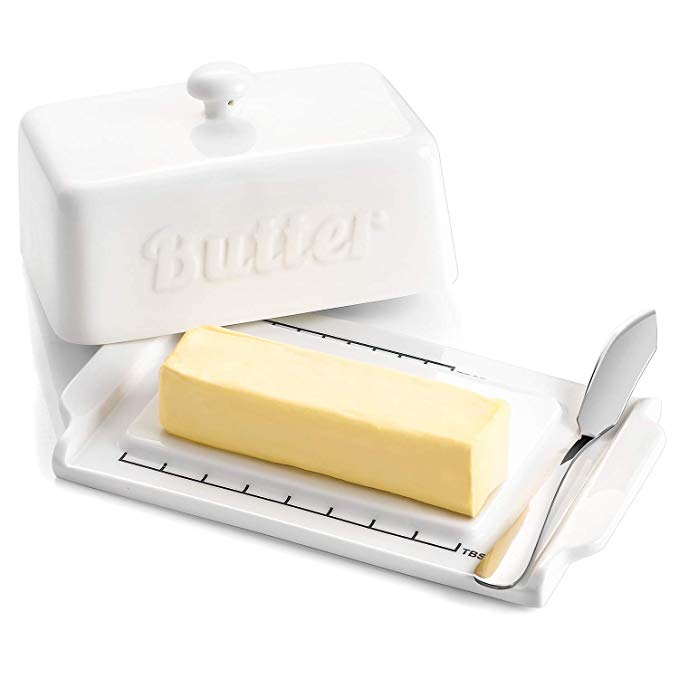 DOWAN Butter Dish with Steel Butter Knife - Porcelain Keeper with Lid, Perfect for both East and West Coast Butters, White