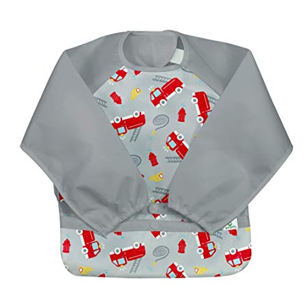green sprouts Easy-Wear Long Sleeve Bib | Waterproof Protection from Mealtime to Playtime | Flipped Pocket, Soft Material, Elasticized Sleeves, Easy Clean, Gray