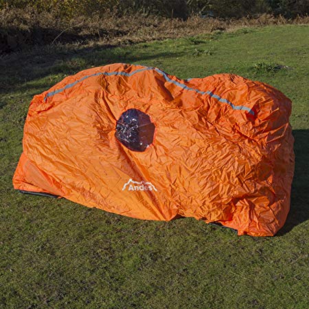 Andes Emergency Storm Survival Shelter – 2 Person – Bright Orange – For Hiking & Mountaineering – Compact & Lightweight – Window & Stuff Sack - L: 143cm x W: 46cm x H: 91cm – 450g