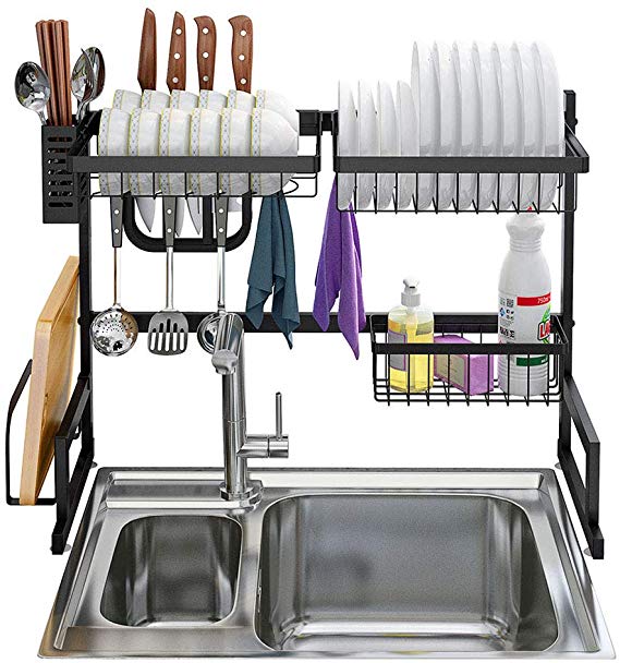 Cabina home Dish Drying Rack Over the Sink Stainless Steel Large Dish Rack Stand Drainer for Kitchen Supplies Counter Top Storage Shelf Utensils Holder, Balck, For Single Sink