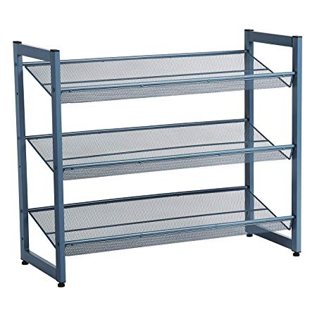 SONGMICS 3-Tier Shoe Rack Storage, Metal Mesh, Flat or Angled Stackable Shoe Shelf Stand for 9 to 12 Pairs of Shoes, Blue ULMR03BU