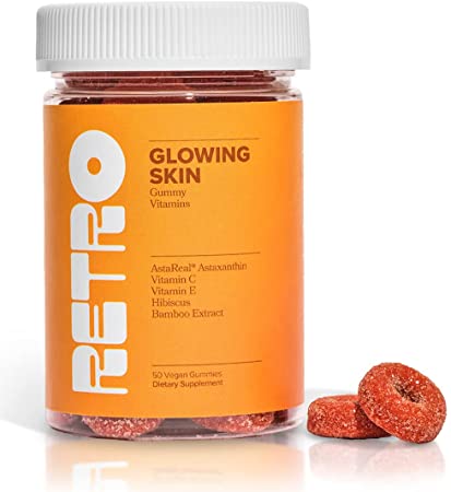 Retro Glowing Skin Gummy Vitamins for Collagen Production - Astaxanthin, Vitamin E, Bamboo Extract, Hibiscus, & Vitamin C - Vegan Skin Vitamins for Smooth Skin & Skin Hydration, 50 Count (Pack of 1)