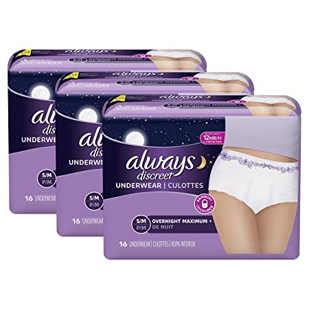 Always Discreet Incontinence & Postpartum Underwear for Women, Disposable, Overnight Maximum   Protection, Small/Medium 16 Count - Pack of 3 (48 Count Total)