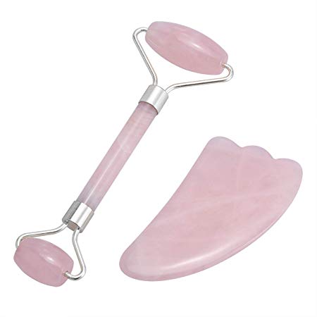 ADDSMILE Rose Quartz Jade Roller for Face and Gua Sha Set –100% Real Jade Natural Stone Facial Massager Anti Aging and Skin Rejuvenate Beauty Skincare Tool for Face Massaging, Neck Sliming and Eye Rolling (Pink B)