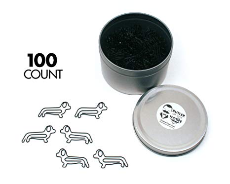 Butler in the Home Dog Dachshund Shaped Paper Clips Great for Paper Clip Collectors or Dog and Pet Lovers (Black - 100 Count Silver Tin Gift Box)