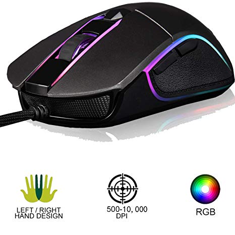 Sendowtek Gaming Mice RGB for PC PS4 Xbox One, Programmable Wired Mouse for All Hand Sizes, 500~10,000 DPI, Softest Cable, Space Grey