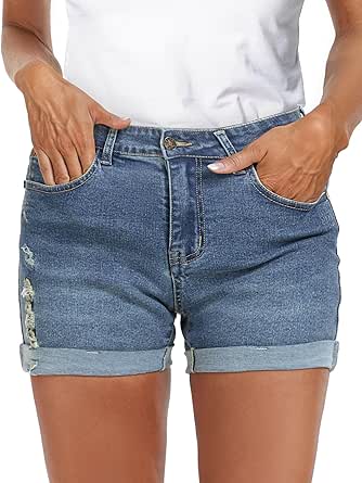 HOFISH Women's Casual Denim Shorts Stretchy Jean Shorts Mid-Waist Fold Hem Hot Shorts for Summer