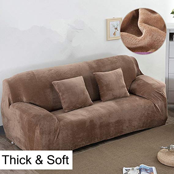Thick Sofa Covers 1/2/3/4 Seater Pure Color Sofa Protector Velvet Easy Fit Elastic Fabric Stretch Couch Slipcover size 4 Seater:235-300cm (Camel)