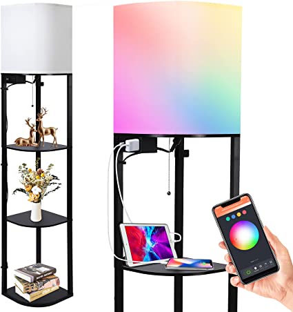 LUNSY Floor Lamp with Shelves, Smart RGB Shelf Floor Lamp with 2 USB Ports & 1 Power Outlet, Modern Display Floor Lamps with RGB Bulb, Standing Lamp for Living Room, Bedroom and Office - Black