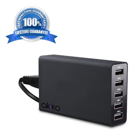 Akiko 50 Watts 5V10A 5-Port Desktop Wall Charger w Smart Power Technology Multi Port USB Charger Portable Battery Charger iPhone iPad Samsung Galaxy Nexus HTC Nokia- Retail Packaging - Black