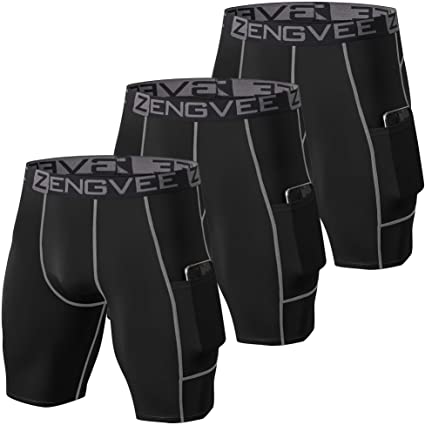ZENGVEE Men's 3 Pack Compression Shorts with Pockets Athletic Baselayer Underwear for Running,Workout,Training