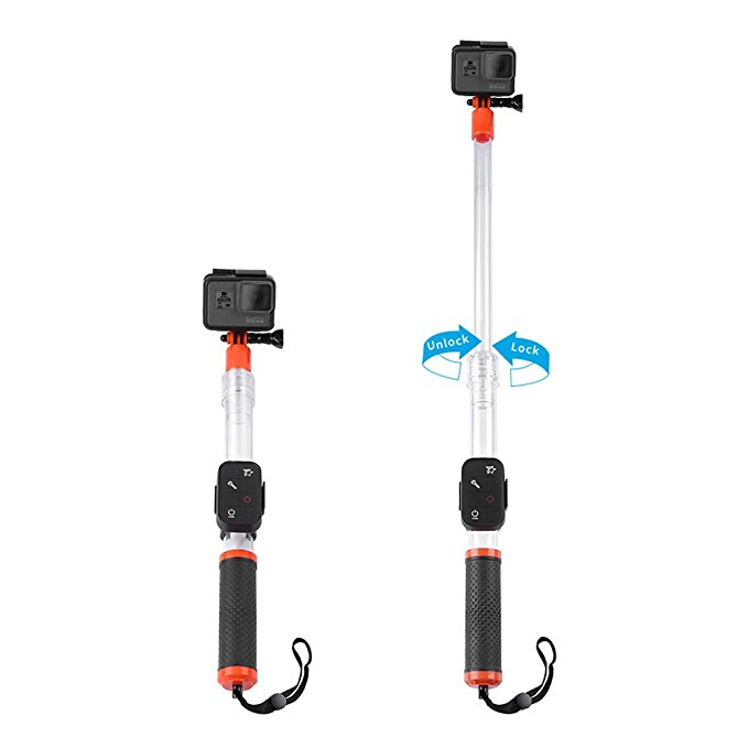 Waterproof Telescopic Selfie Pole- For Gopro Hero 6/5/4/3  5 Black Session, Fusion, Compact Action Cameras Selfie Stick Monopod 14" to 24" with Cradle for Remote