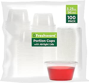 Freshware Plastic Portion Cups with Lids [3.25 Ounce, 100 Sets] Disposable Plastic Cups for Meal Prep, Salad Dressing, Jellos Shot Cups, Souffle Cups, Condiment and Dipping Sauce Cups