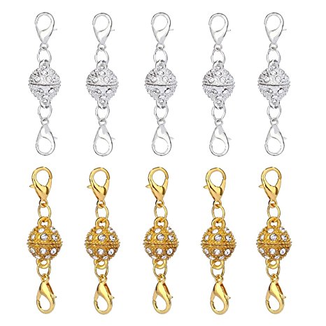 Aiskaer 10 Pcs Gold Color and Silver Color Rhinestone Ball Style Magnetic Lobster Clasps for Jewelry Necklace Bracelet