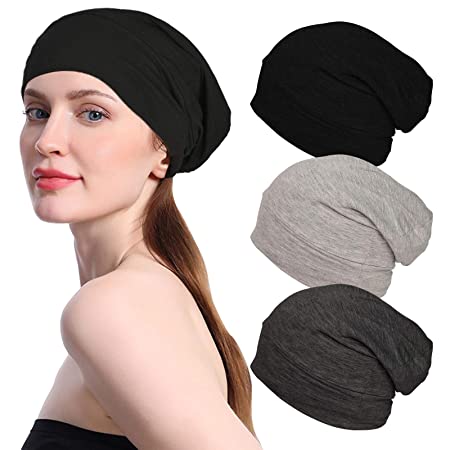 Fani 3 PCS Satin Lined Sleep Slouchy Cap - Adjustable Silk Lined Bonnets for Black Women Beanie Sleep Cap Hair Cover Bonnet Gifts for Frizzy Hair Women(Black, Dark Grey, Light Grey)