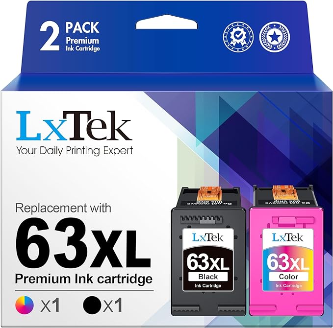 LxTek Remanufactured Ink Cartridge Replacement for HP 63 63XL Compatible with HP Officejet 5255 5258 5260 3830 Envy 4520 4516 DeskJet 1112 2132 3632 Printer Tray, 2 Pack (1 Black, 1 Tri-Color)