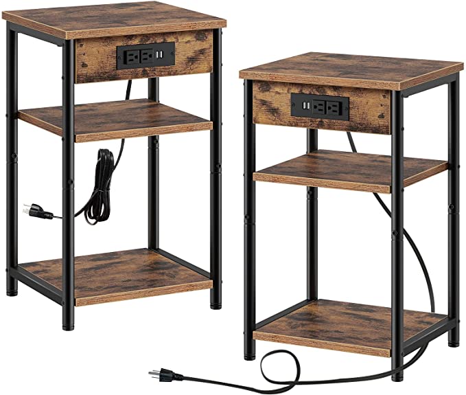 Rolanstar End Table with Charging Station, 3 Tier Slim Nightstand with Storage Shelf, Narrow Side Table with USB Ports & Power Outlets, Steel Frame, for Living Room, Bedroom, Rustic Brown,2 Pack