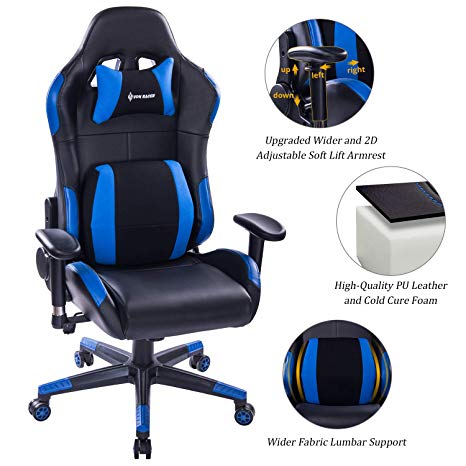 VON RACER Multifunctional Gaming Chair - Elegant Reclining Computer Desk Chair with Soft Memory Foam Seat Cushion - Ergonomic Office Chair with Removable Headrest Lumbar Support Pillow (Blue)