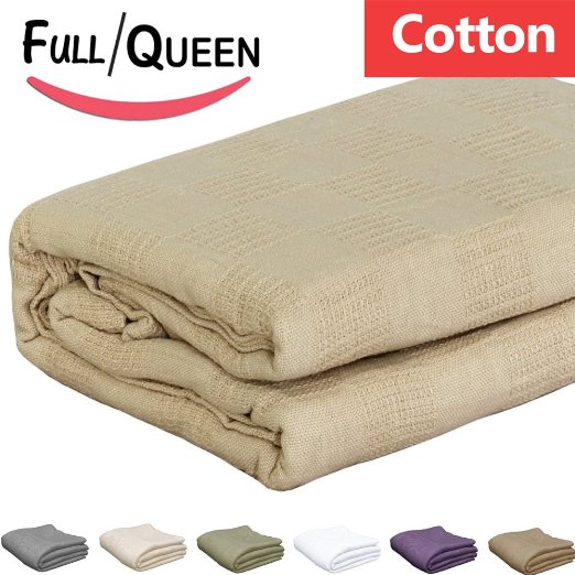 Pure-Cotton Blanket (Full-Queen-Tan) Couch Throw - By Utopia Bedding