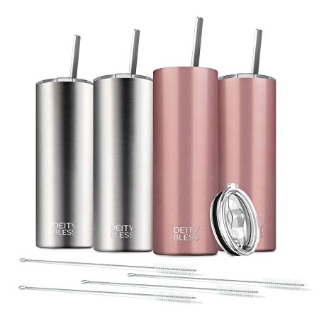 4 Pack Stainless Steel Skinny Tumbler, 20 OZ Double-Insulated Water Tumbler Cup With Lid and 4 Straw, Vacuum Travel Mug Gift for Hot Cold Drinks with Cleaning(Silver, Rose Gold)