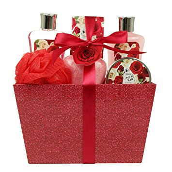 Love of Rose Spa Gift Basket By Lovestee - Bath and Body Gift Set, Gift Box, Includes Luxury Shower Gel, Bubble Bath, Sensual Body Lotion, Bath Salt, Red Bath Puff and a Heart Shape Fizzer