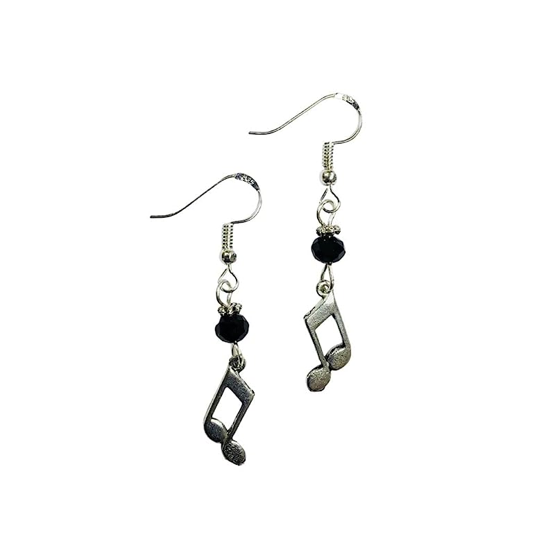 Music Note Charm Earrings with jet crystal faceted accent beads, on sterling silver earwires