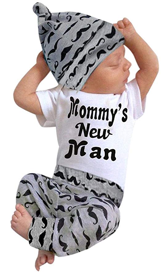 3Pcs Baby Boy Clothes Mommy's New Man Print Bodysuit Summe Cotton Short Sleeve Romper Moustache Pants Hat Outfits Set