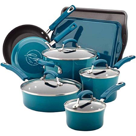 Rachael Ray Hard Enamel Nonstick 12-Piece Cookware Set (Marine Blue)