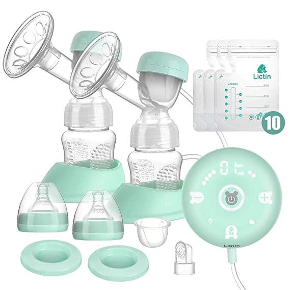 Lictin Double Electric Breast Pumps-Portable Smart Silicone Dual Breast Milk Pump with 2 Modes & 10 Levels,Strong Suction Power,Pain Free,Full Touchscreen LED Display & USB Rechargeable Battery