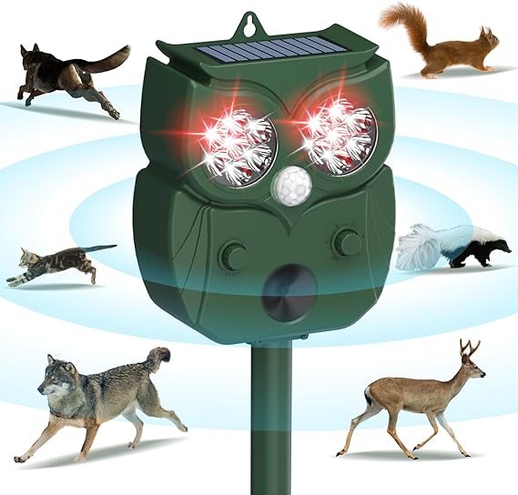 Bocianelli Animal Repeller, Waterproof Motion Detection LED Flash Light Ultrasonic, Solar Animal Repellent Outdoor Garden for Dogs Fox Raccoon Rabbit Squirrels Coyote Cat Deterrent