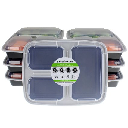 Freshware 3 Compartment Bento Lunch Boxes with Airtight Lids - Use for Meal Prep, Portion Control, 21 Day Fix, and Food Storage Containers (32oz, 7 Pack)