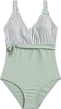 Milumia Girl's Striped V Neck One Piece Swimsuit Knot Front Swimwear Bathing Suit