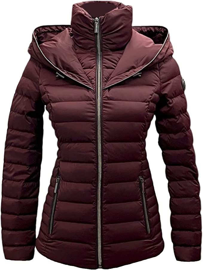 Michael Michael Kors Hooded Packable Down Puffer Jacket Coat Zip Front Burgundy