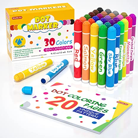 Shuttle Art Dot Markers, 30 Colors Washable Dot Markers for Toddlers with Free Activity Book, Bingo Daubers Supplies for Kids Preschool Children, Non Toxic Water-Based Dot Art Markers