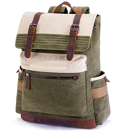 SUVOM Vintage Canvas Rucksack 15.6" Laptop Backpack Genuine Leather Daypack School Bag for Outdoor Travel Hiking(Green)